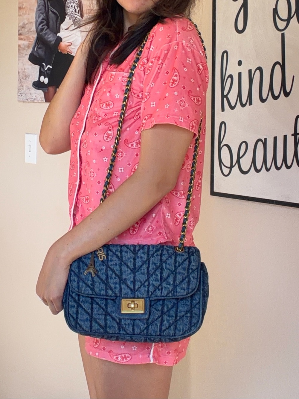 Karl Lagerfeld Paris Denim Quilted Agyness convertible Shoulder Bag Gold Chain - Picture 5 of 6